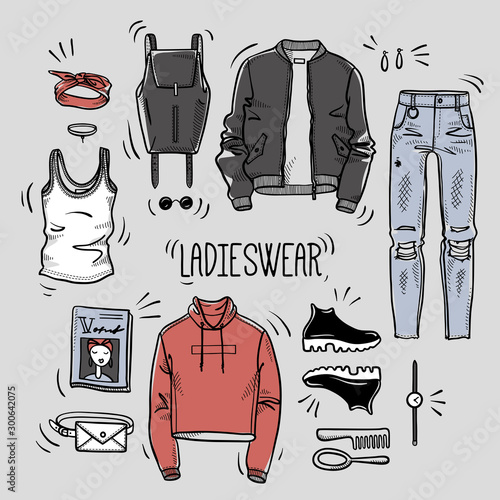 Fototapete Hand drawn set of ladies wear sketches: tank top, bomber jacket, hoodie, bag, backpack, jeans, shoes and accessories