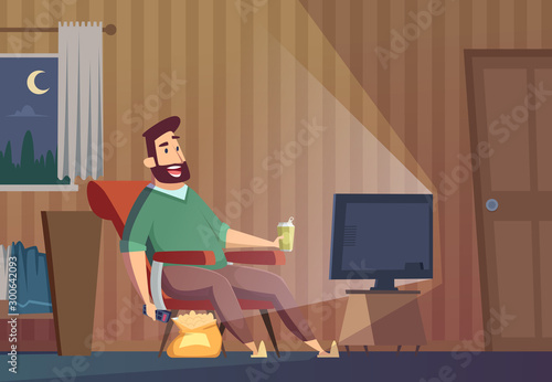 Watching tv. Fat lazy unhealthy man sitting on sofa relaxing sedentary lifestyle person watch soccer vector background. Lazy man watch television expression illustration