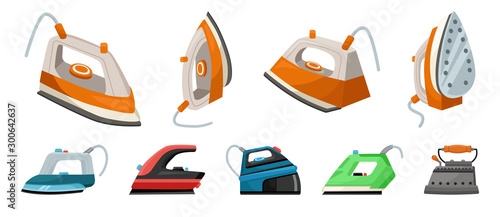 Electric steam iron vector icon.Illustration of isolated cartoon icon home hot press for clothes. Vector illustration laundry appliance for clothes.Isolated cartoon set of electric hot home iron. photo