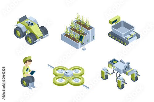 Smart farm. Agricultural automatic processes industrial robots smart tractors harvesters eco greenhouse vector isometric set. Smart farm robot, automatic system for garden illustration