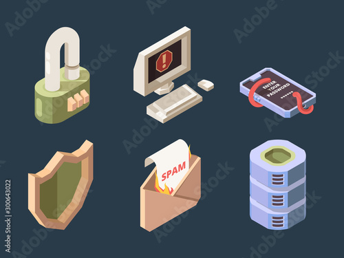 Cyber security. Online ddos hacker attack spam bot viruses phishing network digital data protection vector isometric. Phishing and protection again virus and spam illustration photo