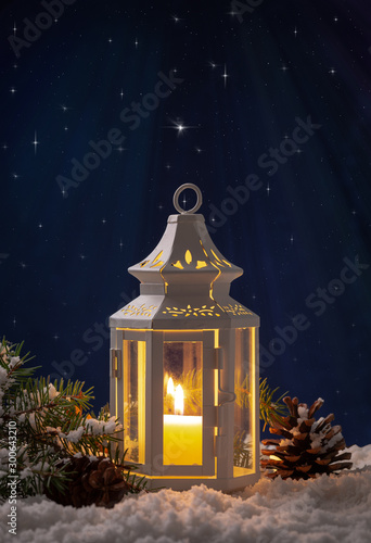 Winter Night Scene of Glowing Lantern
