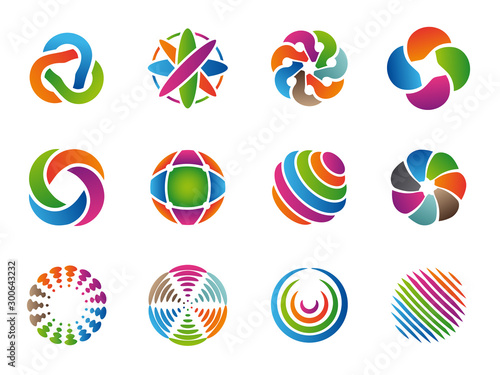 Globe abstract logo. Colored business circles round identity shapes vector collection. Branding sphere globe template, colorful graphic unusual illustration