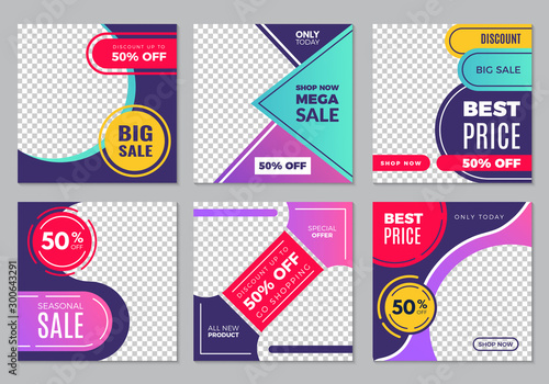 Post template. Social media ads banners with place for text abstract colored shapes vector collection. Illustration post social media, headline website page advertising