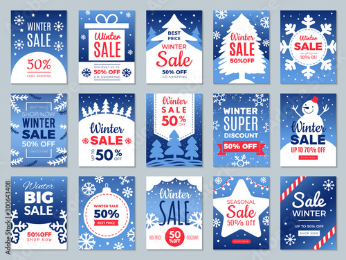 Winter promo cards. Season offers advertising banners labels for best price promotional vector template. Illustration advertising discount, offer price promotion