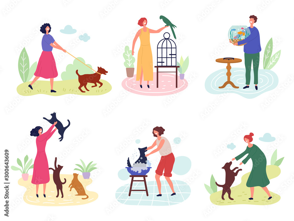 People with pets. Dog cats fishes birds rabbits love for domestic animals vector characters. Illustration bird and fish, dog and cat with owner