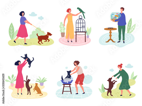 People with pets. Dog cats fishes birds rabbits love for domestic animals vector characters. Illustration bird and fish  dog and cat with owner