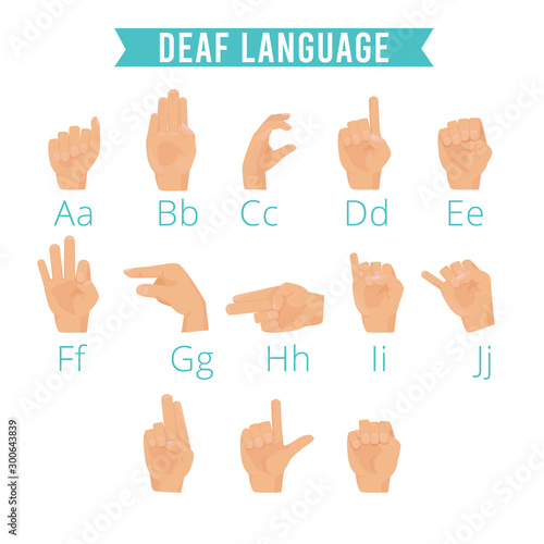 Hands language. Deaf human gestures alphabet emoji of hands palm fingers pointing hold vector illustrations set. Deaf language hand, finger gesture for communicate