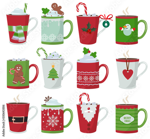 Christmas mug. Holiday decoration at vessel for hot drinks coffee latte or tea cup vector cartoon illustrations. Cup coffee and mug with hot chocolate