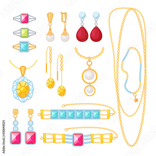 Jewelry. Expensive shop with gold bracelets gems woman wedding diamond jewellery vector cartoon items. Jewelry and gold gift, collection bracelet fashion illustration