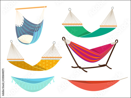 Hammock set. Comfort lifestyle outdoor bed rest place from fabric vector cartoon collection. Hammock swing relax, relaxation comfortable illustration