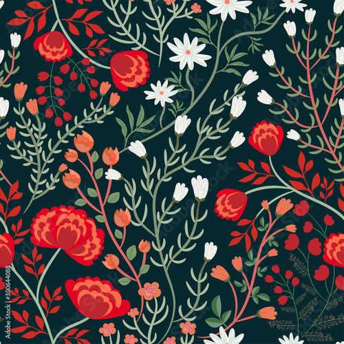 Floral seamless pattern with different kinds of forest flowers, leaves, herbs. Vector illustration. Colorful abstract background. Fashionable print for fabrics, interior, textiles,  magazine covers...