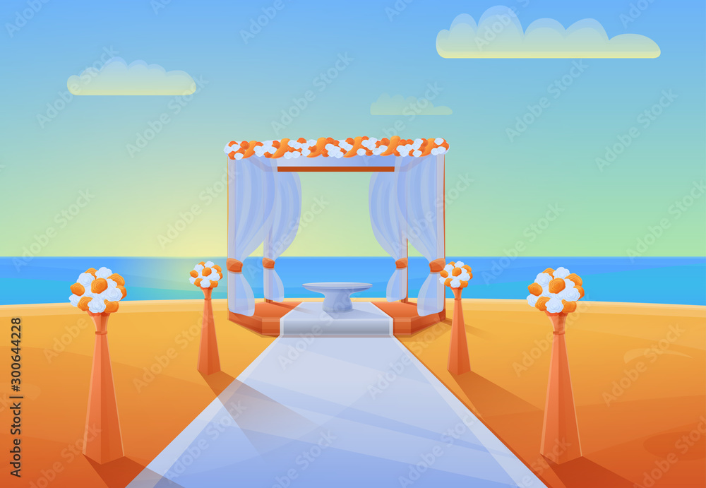 Cartoon panorama of the seashore with equipment for the wedding ceremony, vector illustration