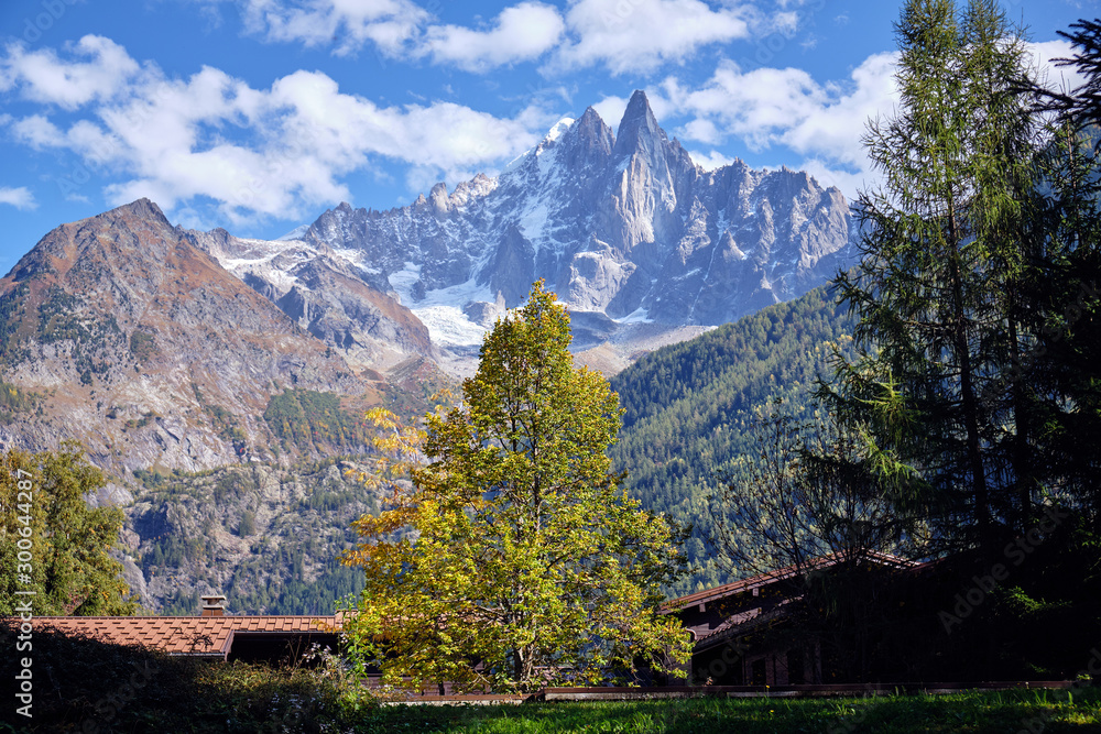 View of the mountains from the Chamonix Valley in the fall. France, Alps.