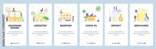 Mobile app onboarding screens. Hotel building, booking room, check-in counter. Menu vector banner template for website and mobile development. Web site design flat illustration
