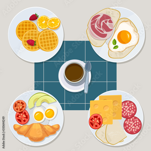 Breakfast food. Healthy everyday products menu croissant pancakes eggs sandwich milk juice vector cartoon style. Illustration healthy sandwich, bacon and dessert