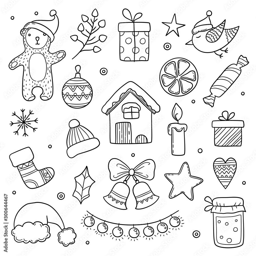 Christmas doodles. Winter season xmas characters animals cute gifts tree  clothes snowflakes vector drawing pictures. Xmas snowflake drawing and cartoon  christmas elements illustration Stock Vector | Adobe Stock