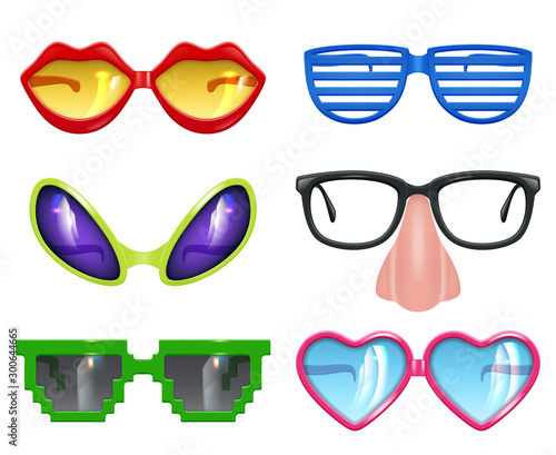 Party glasses. Masquerade realistic funny mask colored party fashion colored symbols vector set. Funny glasses and sunglasses to celebration illustration