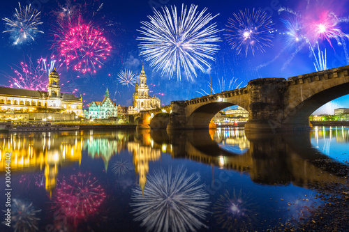 New Years firework display over the Elbe River in Dresden, Saxony. Germany