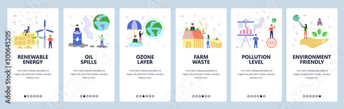 Mobile app onboarding screens. Environmental problems, renewable energy, oil spills, ozone layer, air pollution. Vector banner template for website and mobile development. Web site flat illustration