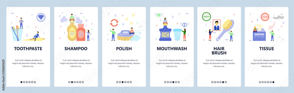 Mobile app onboarding screens. Morning routine icons, toothbrush, shampoo, mouthwash, hair brush, tissue. Vector banner template for website and mobile development. Web site design flat illustration Mobile app onboarding screens. Morning routine icons, toothbrush, shampoo, mouthwash, hair brush, tissue. Vector banner template for website and mobile development. Web site design flat illustration