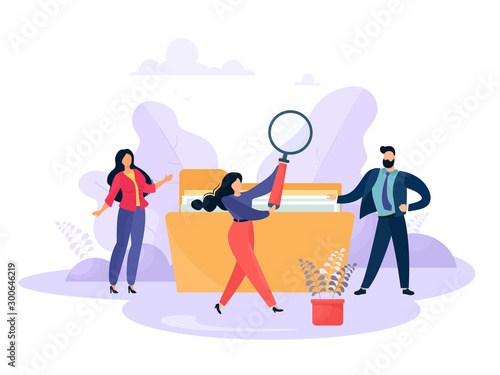 Business people are looking for files. People with a folder and a clerk use a magnifying glass. Cartoon characters in flat style.
