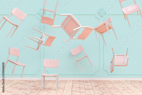 Obraz na plátně 3D rendering of chairs flying around in big turquoise room with stucco