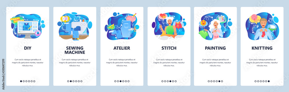 Mobile app onboarding screens. Sewing machine, painting, artist palette, knitting, atelier. Menu vector banner template for website and mobile development. Web site design flat illustration Mobile app onboarding screens. Sewing machine, painting, artist palette, knitting, atelier. Menu vector banner template for website and mobile development. Web site design flat illustration