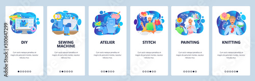 Mobile app onboarding screens. Sewing machine, painting, artist palette, knitting, atelier. Menu vector banner template for website and mobile development. Web site design flat illustration