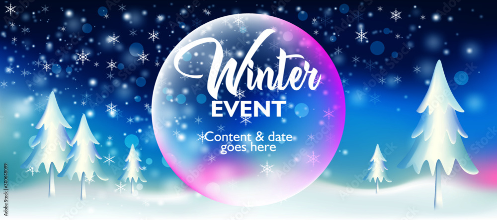 Winter season event banner background design template for music festival,  tour, party and concert. Snowfall wallpaper layout for advertisement,  Promotion and publication for print. Vector illustration Stock Vector |  Adobe Stock