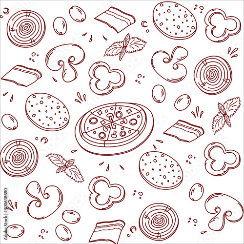 Bon, appetit, tasty set ingredients or toppings for Italian pizza, cut into slices or pieces, drawing or sketchy style of tasty pizza with vegetables. Fresh pizza with meat and veggies, vector