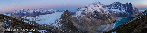 Panorama overlooking the mountains of Lofoten from Ryten. Pano, hiking, blue hour, photographer, pink sky, wander, nature, landscape concept.
