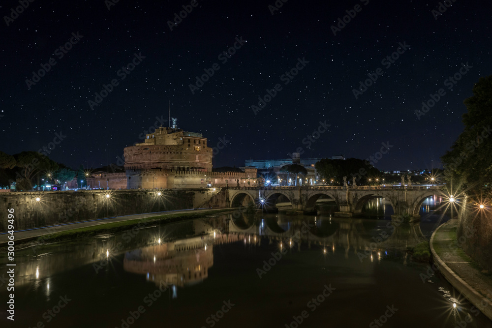 Castle and bridge in Rome/Italy at night under the stars..Castel de Angelo, rome, italy, travel, night photography, city, europe concept.
