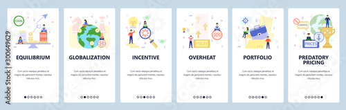 Mobile app onboarding screens. Business, financial and economy icons, globalization, portfolio. Menu vector banner template for website and mobile development. Web site design flat illustration