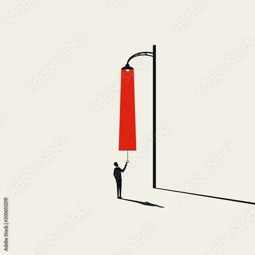 Creativity vector concept with man pulling light from streetlight. Creative new ideas and brainstorming symbol.