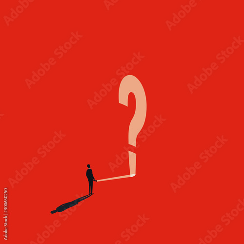 Business solution or strategy vector concept with businessman and question mark from flaslight. Symbol of planning, business future.