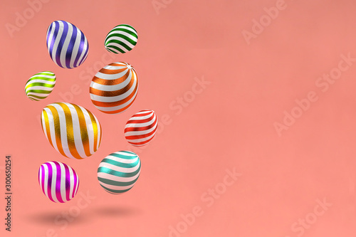 3d rendering of decorated eggs in multi-colored foil. Easter design elements. Copy space