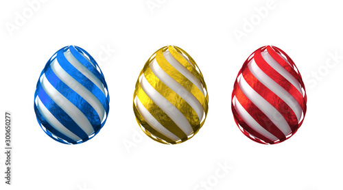 3d rendering of decorated eggs in multi-colored foil. Easter design elements. Isolated on white