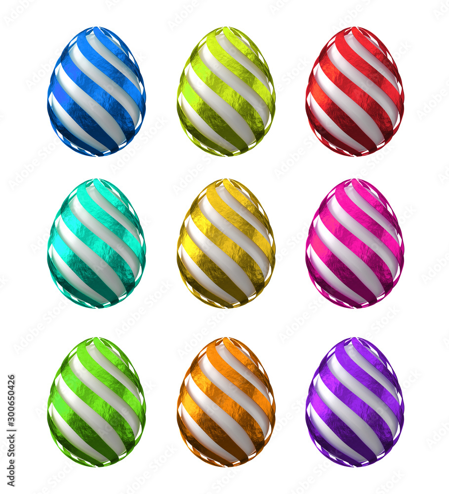 3d rendering of decorated eggs in multi-colored foil. Easter design elements. Isolated on white