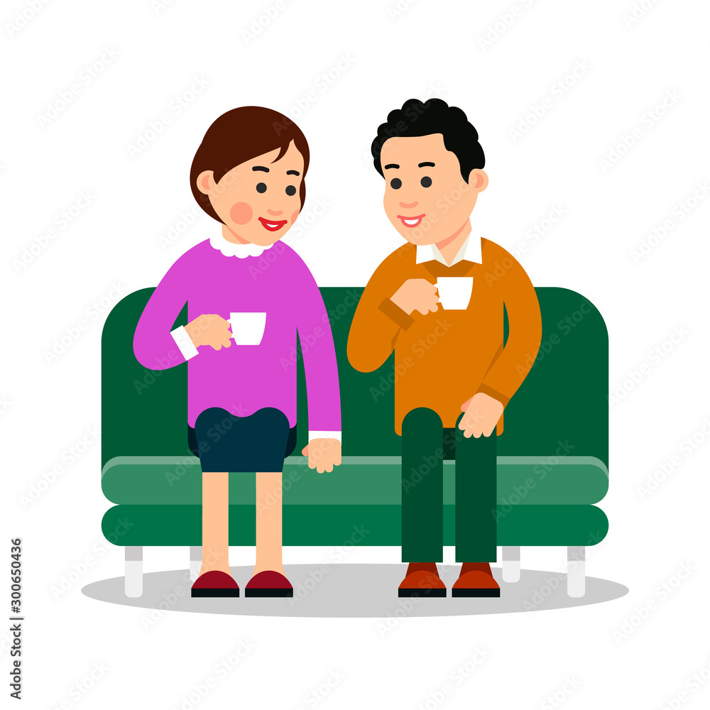 Couple drinking coffee. Girl and boy with drinks in their hands. Attractive woman and man with hot beverage. Love, romance, dating. Cartoon illustration isolated on white background in flat style Couple drinking coffee. Girl and boy with drinks in their hands. Attractive woman and man with hot beverage. Love, romance, dating. Cartoon illustration isolated on white background in flat style