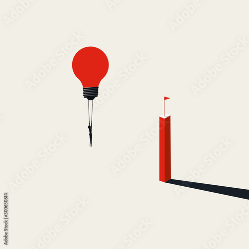 Business creativity and success vector concept with businesswoman flying on lightbulb to her goal.