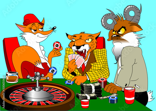 red fox, orange leopard and goat play poker in a casino