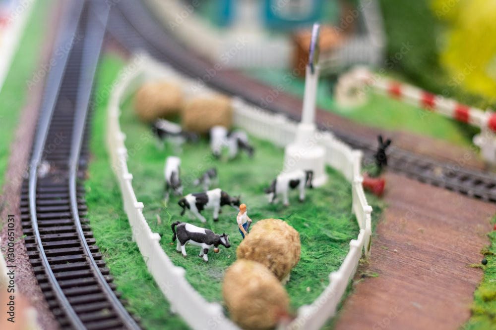 Pasture cows with a shepherd and hay. Hobby part of a miniature railway layout Pasture cows with a shepherd and hay. Hobby part of a miniature railway layout