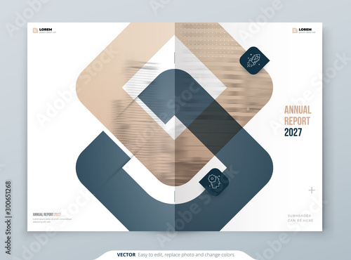 Biege Anual Report Design. A4 Cover Template for Brochure, Report, Catalog, Magazine. Brochure Layout with Bright Color Shapes and Abstract Photo on Background. Modern Anual Report Concept