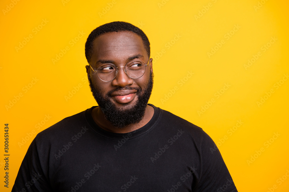 Close up photo of cheerful funny interested man looking away watching some people isolated vibrant color background Close up photo of cheerful funny interested man looking away watching some people isolated vibrant color background