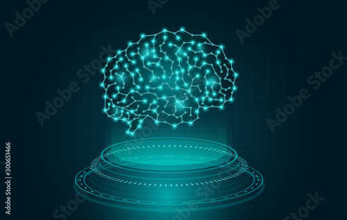Holography creating a digital Brain on blue theme. Technology Illustration about data, idea and thinking.