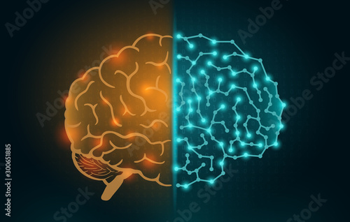 Robot Brain with electronic Circuit and normal Human Brain. Concept Illustration about artificial intelligence technology replace human work and disruption.