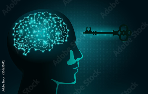 The Key moving into human head for opening digital brain and checking data. Concept Illustration about Secret, idea and thinking.