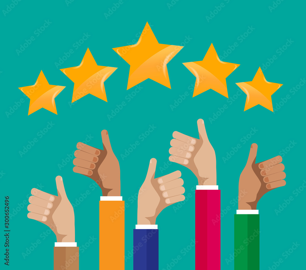 rating and thumb up concept, hands with thumb up and counting stars, vector illustration rating and thumb up concept, hands with thumb up and counting stars, vector illustration