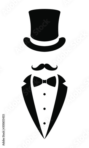 Gentleman graphic icon. Top hat, tuxedo, bow tie and mustaches sign isolated on white background. Vector illustration